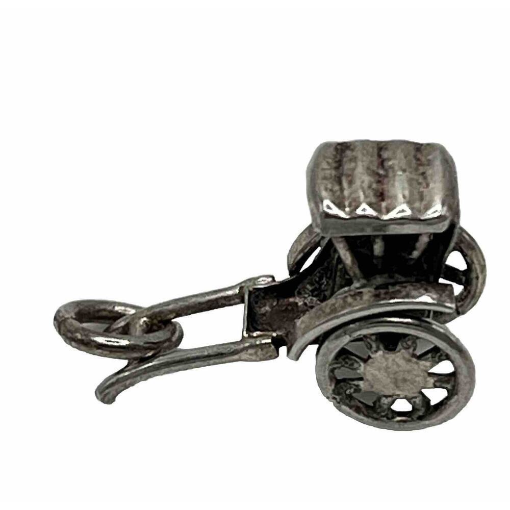 Vintage 925 Sterling Silver Rickshaw Cart Two Carriage Wheels Move Charm Pendant